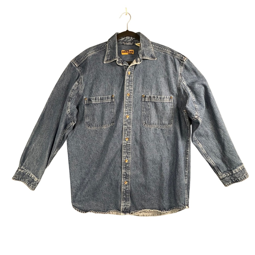 Brazos Workwear Mens L Denim Shirt Blue Button Up Western‎ Heavy Duty Workwear